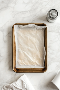 This image shows a baking sheet lined with parchment paper, ready to hold the blended cottage cheese mixture for baking.