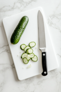 This image shows a fresh cucumber being sliced, ready to be added to the Keto Greek Cucumber Salad for a refreshing base.