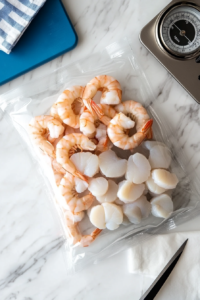 This image shows raw shrimp and scallops placed in a Ziploc bag, ready to be marinated for kabobs.