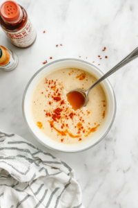 This image shows a bowl of creamy vegan buttermilk being whisked with spices, creating a flavorful wet mixture for coating tofu nuggets.