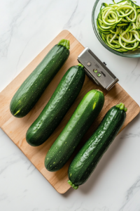 This image shows fresh zucchini being rinsed and spiralized into noodles, ready for cooking.