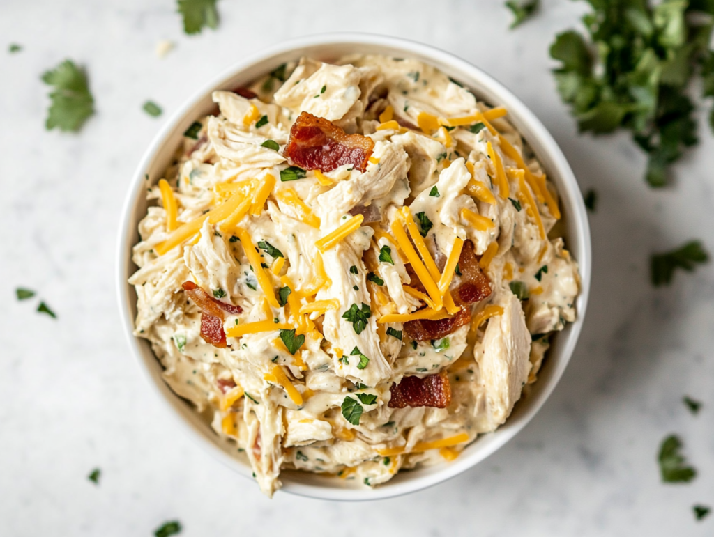 This image shows a hearty bowl of protein-packed carnivore chicken salad, featuring shredded chicken mixed with seasoned mayo, crispy bacon, and shredded cheese, served in a white bowl as a satisfying dish.