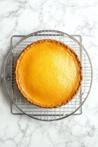 This image shows the freshly baked pumpkin pie resting on a cooling rack, allowing the filling to set and the crust to stabilize before serving.