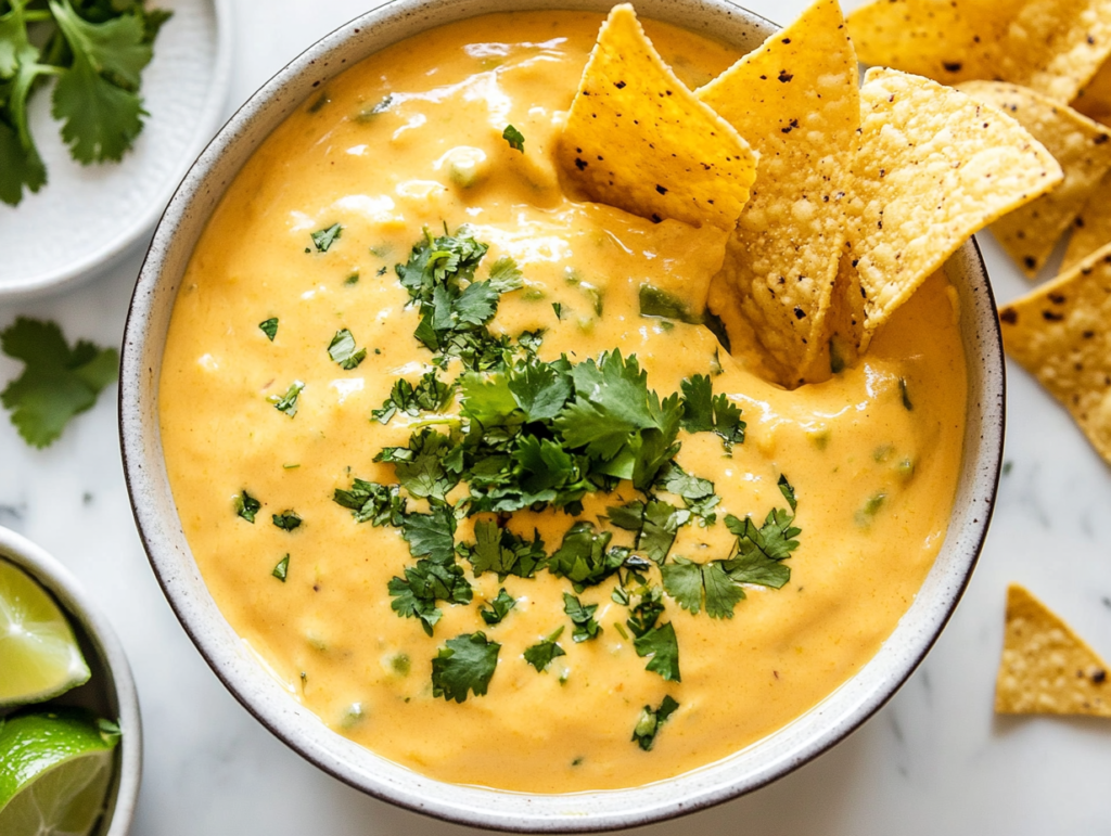 this image shows A creamy queso dip served in a white bowl, topped with freshly chopped cilantro and seasoned with hints of cumin, red pepper flakes, and chili powder for a rich, flavorful appetizer.