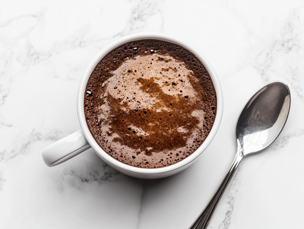 this image shows A delicious chocolate mug cake served in a white mug with a spoon placed beside it, showcasing a quick and satisfying dessert ready in just a few minutes.