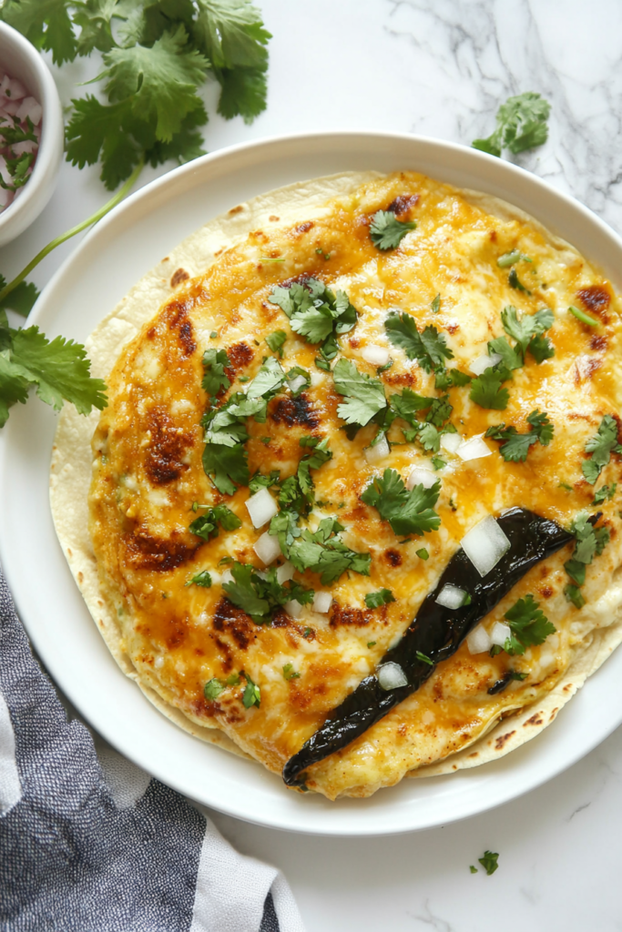 This image shows vibrant rajas tacos served on a white round plate, filled with roasted poblano peppers, onions, and creamy sauce, topped with fresh cilantro for added flavor and visual appeal.