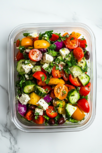 This image shows the Keto Greek Cucumber Salad being placed in the refrigerator to chill, allowing the flavors to meld together before serving.