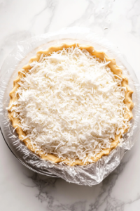 This image shows the fully assembled vegan coconut meringue pie being placed in the refrigerator to chill and set before serving.