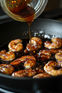 This image shows the leftover honey garlic marinade being added to the skillet, creating a glossy, flavorful sauce for the shrimp.