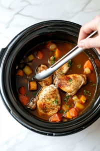 This image shows tongs lifting the cooked chicken breasts from the slow cooker, ready to be shredded.