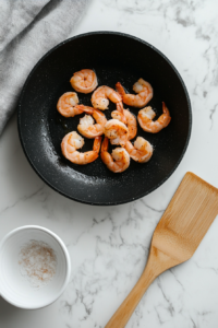 This image shows cooked shrimp being set aside from a skillet, ready to be combined later with vegetables, rice, and seasonings for shrimp fried rice.