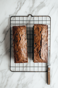 A top-down shot of the chocolate chip zucchini bread removed from the loaf pans and placed on a wire rack to cool completely, ensuring the perfect texture.