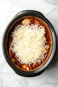 This image shows the layering process being repeated with noodles, marinara sauce, and cheese, building the classic layers of a hearty crockpot lasagna.