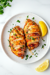 This image shows cooked chicken cutlets resting on a plate, allowing the juices to settle for maximum flavor and tenderness before serving.