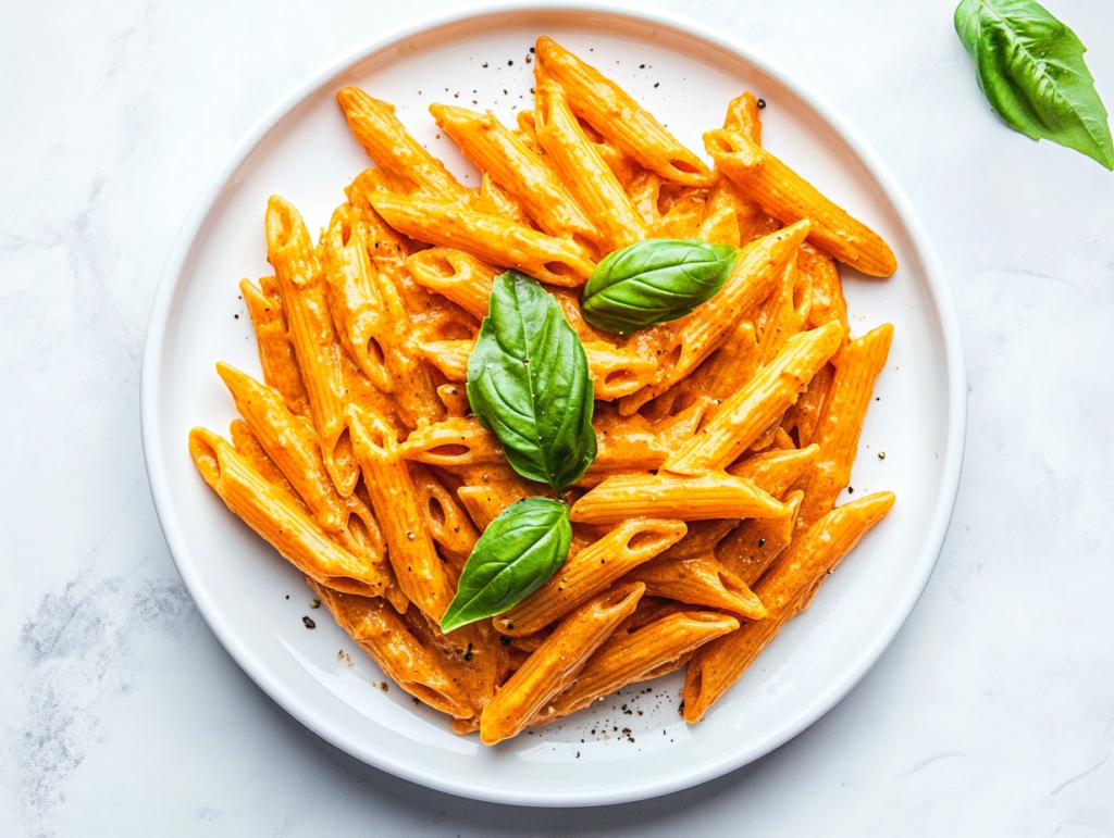 this image shows A white plate filled with creamy Roasted Red Pepper Cashew Cream Pasta, topped with fresh basil leaves and a sprinkle of chili flakes, creating a visually stunning and flavorful dish.