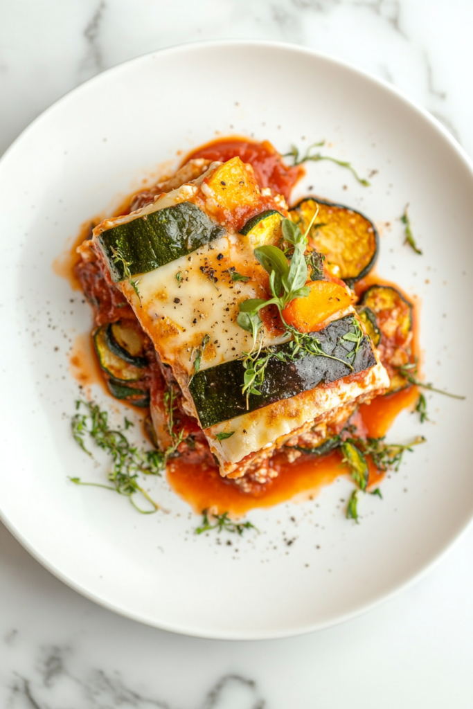 This image shows roasted vegetable lasagna served on a white round plate, featuring layers of tender roasted vegetables, creamy ricotta cheese, garlic, lemon zest, and a hint of salt and pepper, creating a vibrant and comforting dish.