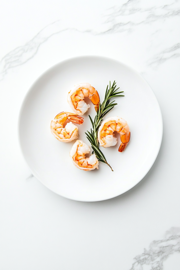 This image shows garlic shrimp infused with rosemary, served on a white round plate and garnished with a sprig of fresh rosemary.