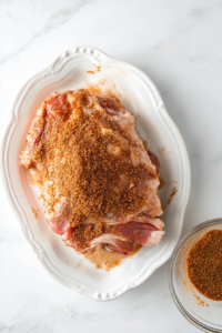 This image shows the seasoned rub of paprika, brown sugar, salt, and pepper being evenly applied to the surface of the pork for flavor-packed Crockpot Pulled Pork.