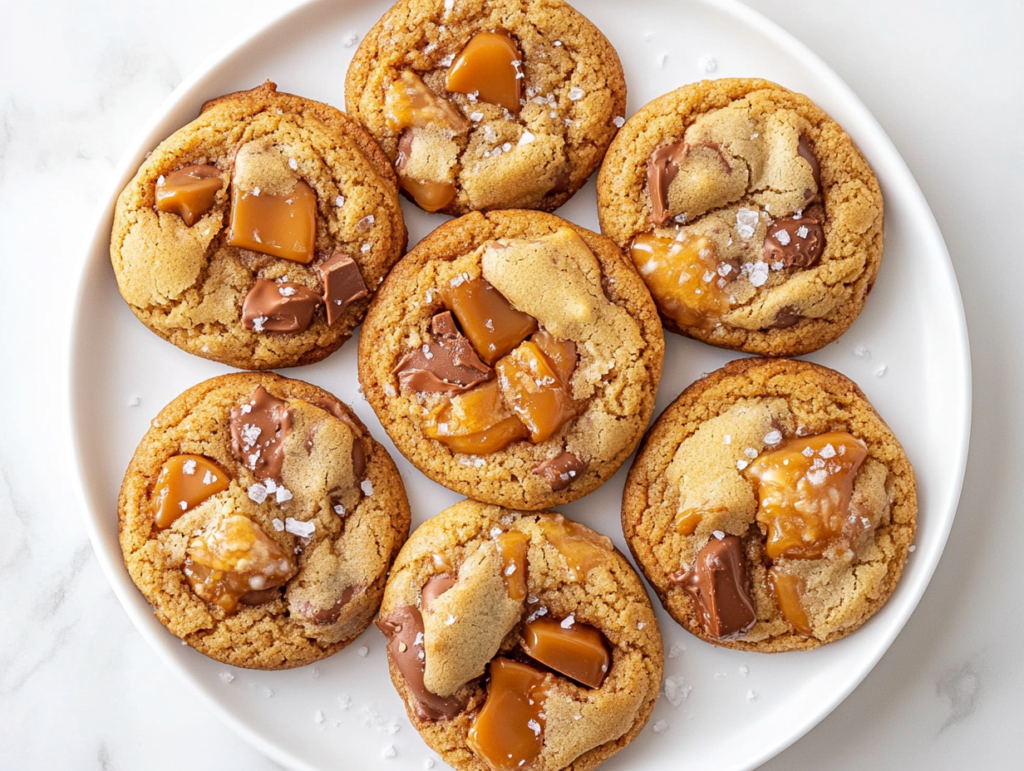 white round plate filled with freshly baked salted caramel cookies, dotted with chocolate chips and caramel pieces, and sprinkled with flaky sea salt for a perfect blend of sweetness and saltiness.