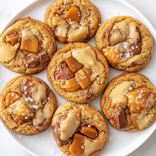 white round plate filled with freshly baked salted caramel cookies, dotted with chocolate chips and caramel pieces, and sprinkled with flaky sea salt for a perfect blend of sweetness and saltiness.