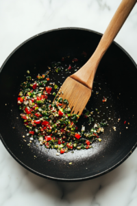 This image shows bell pepper and scallions being sautéed in olive oil, adding flavor and texture to the keto cabbage rice dish.