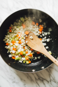 This image shows diced vegetables, including onions and carrots, being sautéed in a pan until soft and fragrant, forming the flavor base for Crockpot Vegetable Soup.