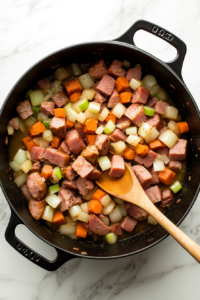 this image shows Diced onions, carrots, and celery being sautéed together in a pot, softening and releasing their aroma as they form the soup’s vegetable base.