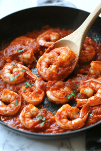 This image shows shrimp being sautéed in the skillet, turning pink and coated in the rich Cajun spice mixture for a quick and delicious meal.