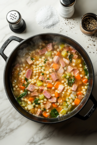 this image shows A mix of spices, including black pepper and bay leaves, added to the pot as the soup reaches a gentle boil.