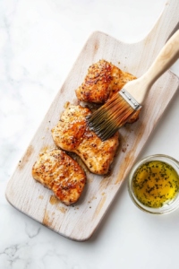 This image shows thin chicken cutlets being seasoned with spices and herbs, preparing them for a quick and flavorful cooking process.