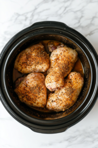 Italian seasoning is evenly sprinkled over raw chicken breasts in a Crockpot, enhancing the flavor.