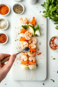 This image shows shrimp and vegetable pieces being tossed in a mixture of lemon juice, Italian seasoning, garlic, and olive oil for a flavorful marinade.