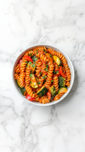 this image shows A steaming plate of 20-minute pasta with vegetables, topped with fresh herbs, ready to be served and enjoyed for a quick, satisfying meal.