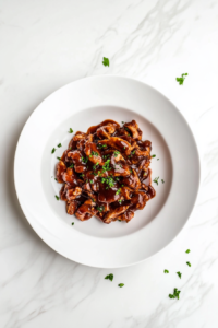 A serving of Crockpot BBQ Chicken plated with a garnish of fresh chopped cilantro, showcasing tender, juicy, and saucy barbecue chicken ready to enjoy.