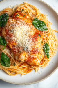 A perfectly served plate of Crockpot Tuscan Chicken, showcasing tender chicken breasts smothered in creamy Tuscan sauce, garnished with sundried tomatoes and spinach for a flavorful finish.