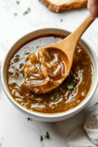 This image shows a top-down shot of French Onion Soup being served into bowls, ready for the final garnishing.