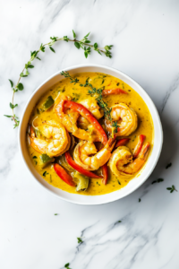 This image shows the finished Jamaican creamy curry dish, beautifully presented in a bowl with vibrant shrimp and bell peppers in a creamy sauce, ready to enjoy.