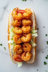 This image shows crispy fried shrimp being layered over fresh lettuce inside a French roll, creating a classic Po'Boy sandwich.