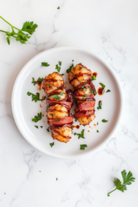 This image shows a platter of air-fried shrimp wrapped in bacon, garnished with fresh cilantro, and drizzled with barbecue sauce for a savory and elegant dish ready to serve.