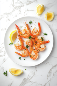 This image shows a plate of baked shrimp served with lemon wedges and garnished with fresh cilantro, ready to enjoy as a light and flavorful meal.