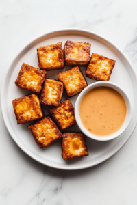 This image shows a plate of crispy tofu nuggets served with a variety of dipping sauces, perfect for enjoying as a snack or appetizer.