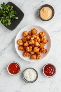 This image features crispy vegan popcorn nuggets on a white round plate, garnished with chopped cilantro, and surrounded by a tangy red dipping sauce, creating a visually appealing and delicious dish.