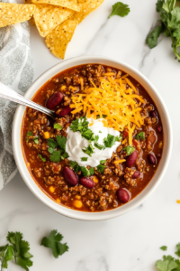 This image shows a steaming bowl of crockpot chili served with melted shredded cheese and chopped cilantro, ready to enjoy as a comforting and flavorful meal.