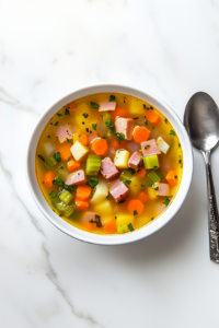 thisimage shows ladle pouring the ham soup into a white bowl, garnished with fresh parsley and ready to enjoy.