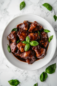 This image shows the final presentation of slow-cooked chicken thighs served on a white plate, glistening with a flavorful soy sauce, ketchup, honey, garlic, and basil glaze, ready to enjoy.