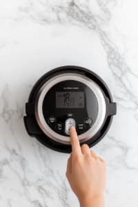 display panel of an Instant Pot being set to ‘Poultry’ mode, ensuring the perfect cooking temperature and time for tender and flavorful keto chicken.