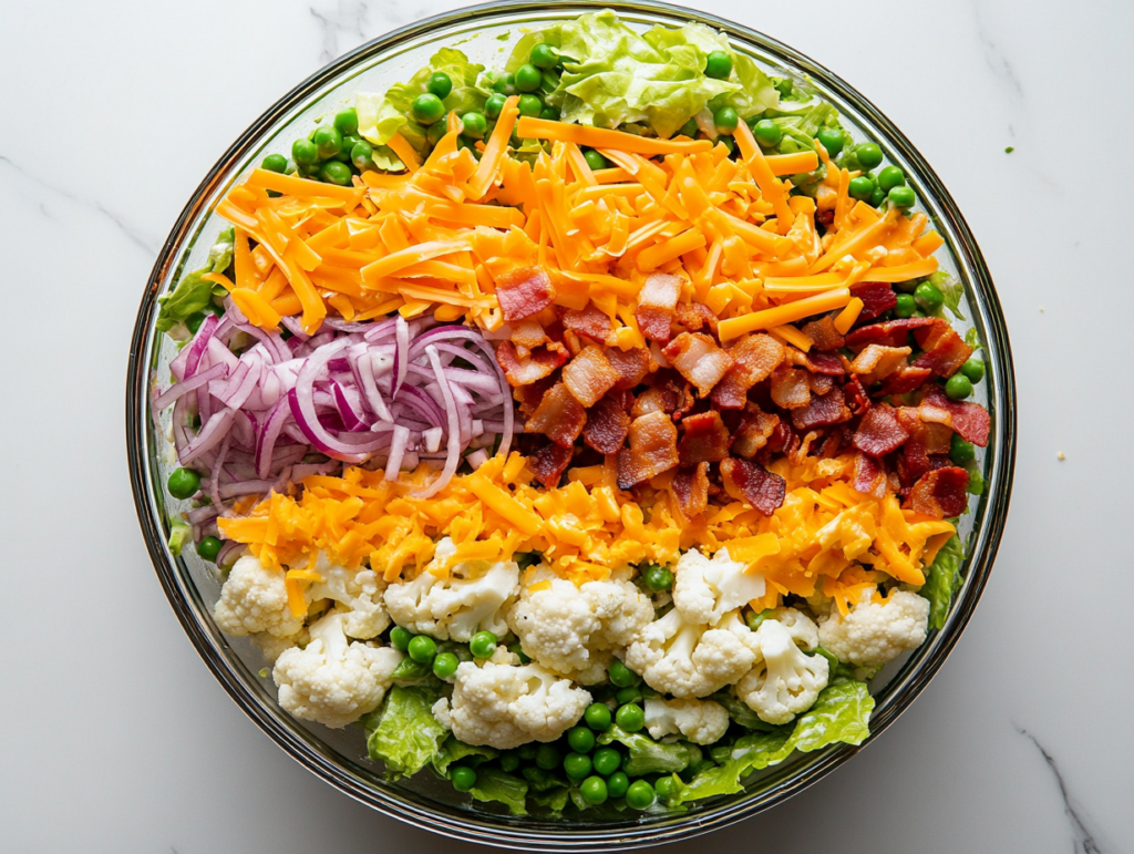 This image shows a bowl full of vibrant vegetables, including red onion, lettuce, peas, cauliflower, and more, arranged together to create an easy seven-layer salad, perfect as a flavorful side for hearty meals or parties.