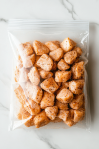 This image shows coated chicken pieces being shaken in a bag to ensure an even coating before cooking.