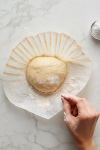 This image shows the bread dough being shaped into a round loaf on a sheet of parchment paper, ensuring a smooth surface and even shape for baking.