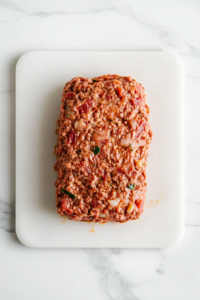 This image shows the meat mixture being shaped into a loaf on a piece of aluminum foil, ready to be placed into the slow cooker.